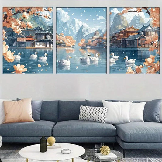 3pcsColorful Tranquil River with Swans Canvas Wall Art Set Canvas Framed 40x60cm - High Quality Print 100% Australian Made Wall Canvas Ready to Hang