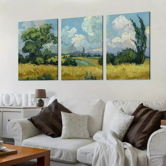 3pcs Van Gogh Wheat Field with Cypresses Wall Art Set Canvas Framed 40x60cm - High Quality Print 100% Australian Made Wall Canvas Ready to Hang
