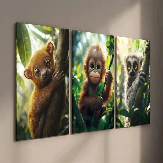 3pcs Golden Bear & Lemur in the Jungle Wall Art Set Canvas Framed 40x60cm - High Quality Print 100% Australian Made Wall Canvas Ready to Hang