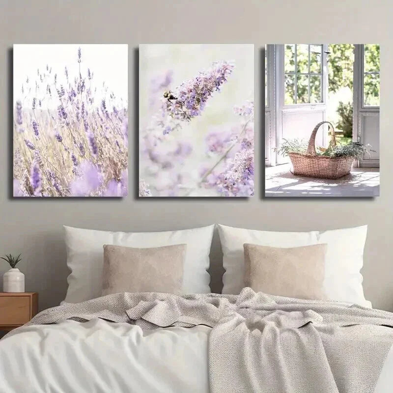 3pcs Lavender in Basket & Bee Decor Wall Art Set Canvas Framed 40x60cm - High Quality Print 100% Australian Made Wall Canvas Ready to Hang