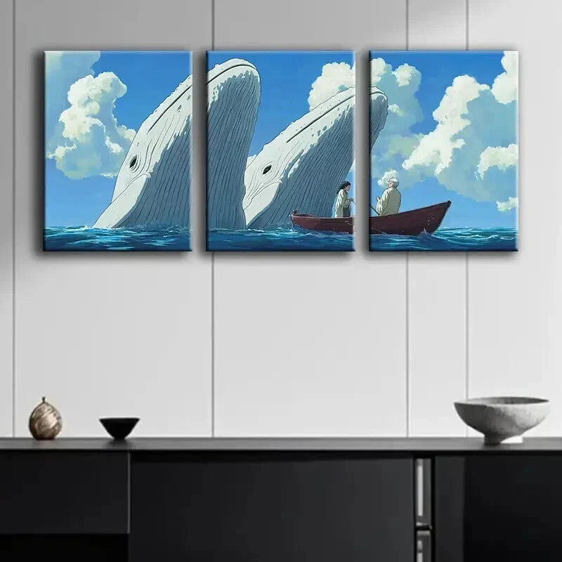 3pcs Whale and the Boy Blue Sky Nature Perfect Wall Art Set Canvas Framed 40x60cm - High Quality Print 100% Australian Made Wall Canvas Ready to Hang