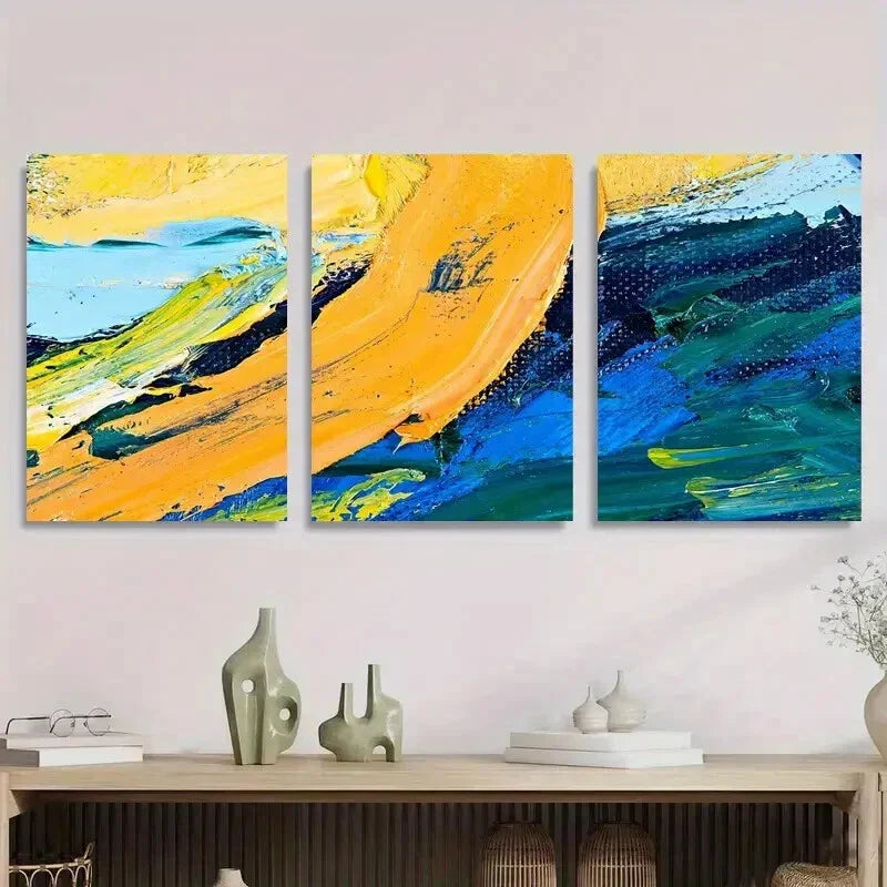 3pcs Abstract Palette Knife Vibrant Yellow, Blue Metal Print Ready to Hang Art