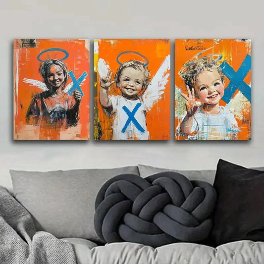 3pcs Abstract Angel Trio with Blue Hats Metal Print Ready to Hang Art
