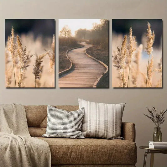 3pcs Outdoor Botanical Pampas Grass Trees Metal Print Ready to Hang Art