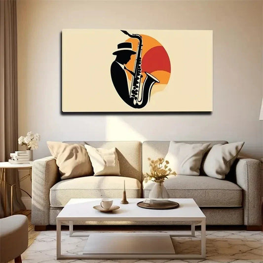 Saxophone Silhouette Orange Wall Art Canvas Office Home Room Framed 120x60cm