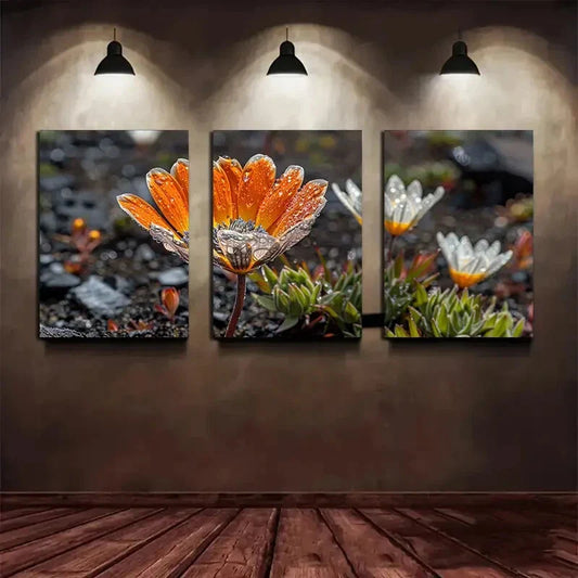 3pcs Blooming Flowers Gold Green Grasses Metal Print Ready to Hang Art