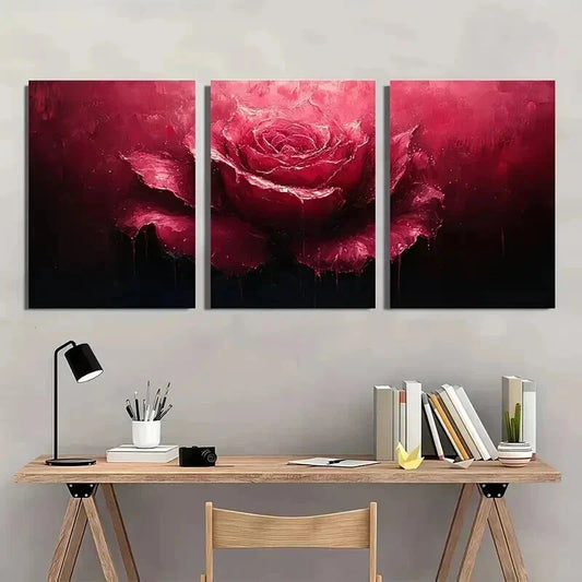 3pcs Dark Red Rose with Dripping Paint Wall Art Set Canvas Framed 40x60cm - High Quality Print 100% Australian Made Wall Canvas Ready to Hang