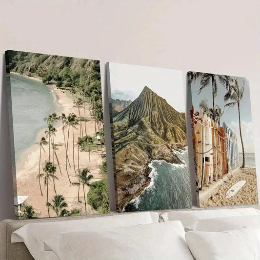3pcs Mountain Surfing And Coastal Beach Scenes Wall Art Set Canvas Framed 40x60cm - High Quality Print 100% Australian Made Wall Canvas Ready to Hang