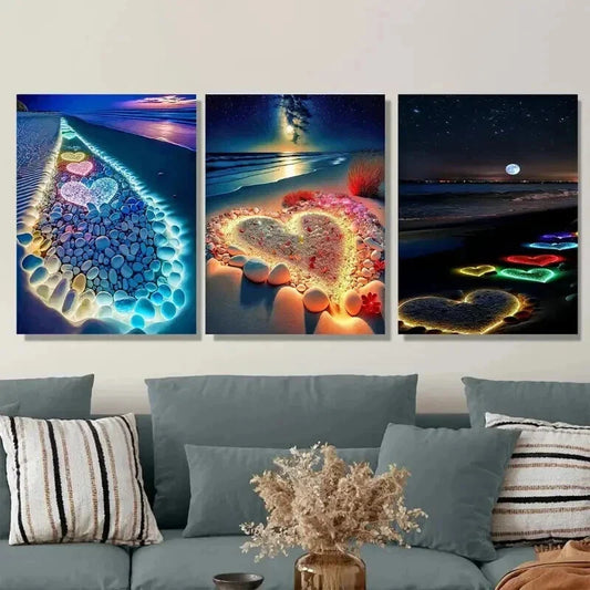 3pcs Vibrant Night Sky and Heart Stunning Wall Art Set Canvas Framed 40x60cm - High Quality Print 100% Australian Made Wall Canvas Ready to Hang