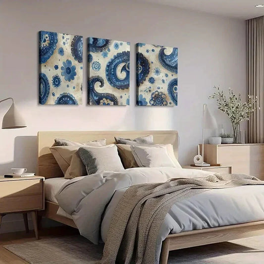 3pcs Seamless Turquoise Paisley Floral & Blue Wall Art Set Canvas Framed 40x60cm - High Quality Print 100% Australian Made Wall Canvas Ready to Hang