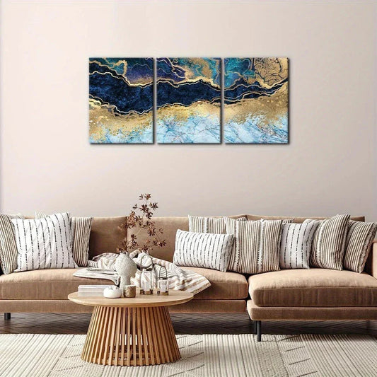 3pcs Teal Golden and White Marble Metal Print Ready to Hang Art