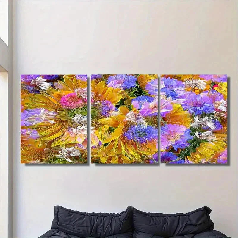 3pcs Vibrant Floral Triptych Modern Abstract Metal Print Ready to Hang Art