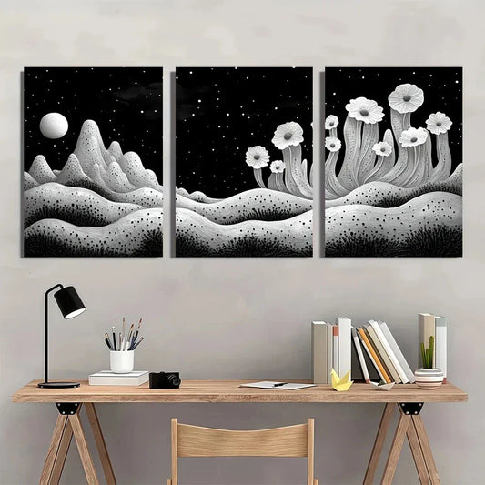 3pcs Black and White Acrylic Moonlit Metal Print Ready to Hang Art