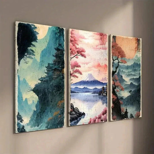 3pcs Vibrant Mount Fuji & Cherry Blossom Scenes Wall Art Set Canvas Framed 40x60cm - High Quality Print 100% Australian Made Wall Canvas Ready to Hang