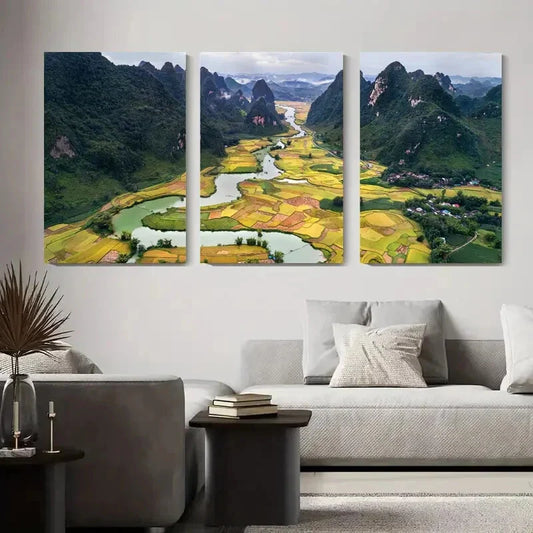 3pcs Serene Landscape of Mountain and Rice Fields Metal Print Ready to Hang Art