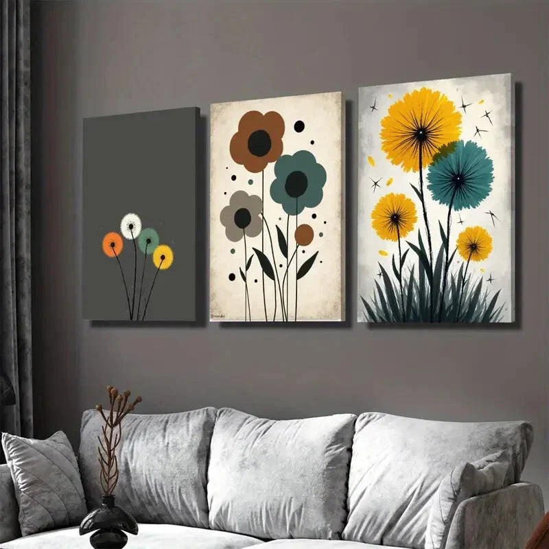 3pcs Modern Floral Abstract Flower Yellow Wall Art Set Canvas Framed 40x60cm - High Quality Print 100% Australian Made Wall Canvas Ready to Hang