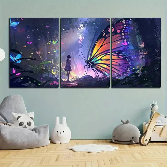 3pcs Colourful Butterfly Girl Forest Metal Print Ready to Hang Art
