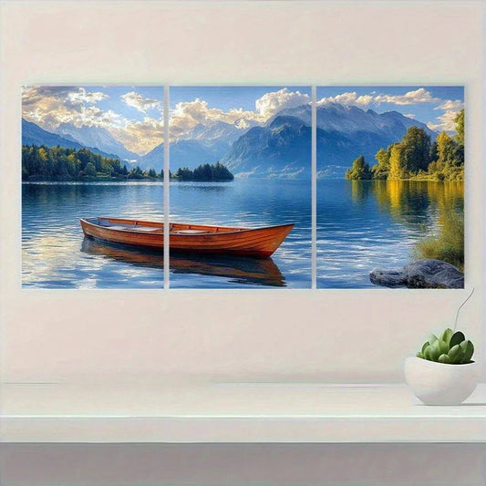 3pcs Scenic Lake & Mountain Blue Sky Green Trees Metal Print Ready to Hang Art