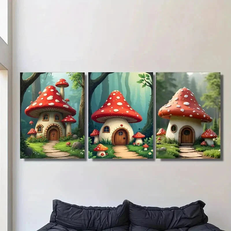 3pcs Mushroom House Triptych Vibrant Colors Metal Print Ready to Hang Art