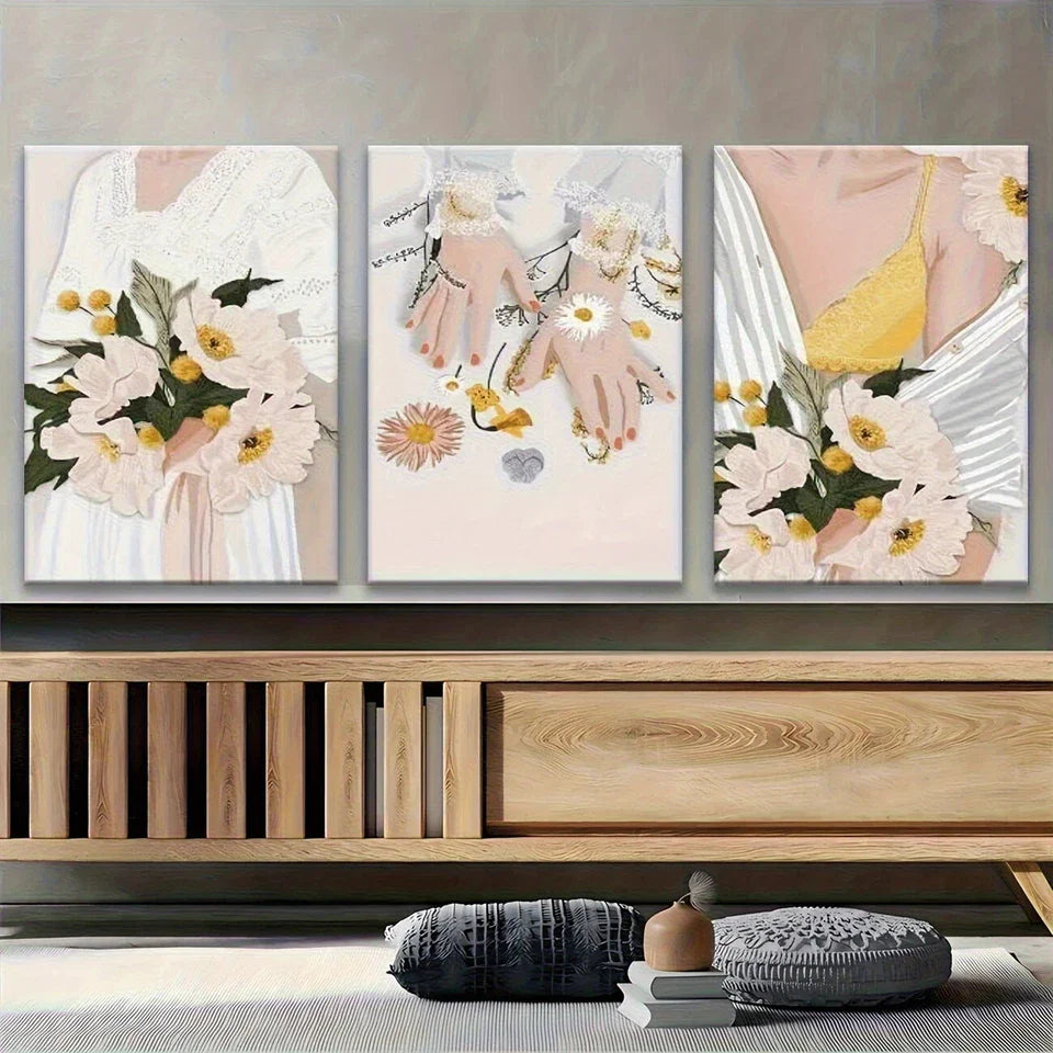 3pcs Elegant Flowers Black and White Design Metal Print Ready to Hang Art