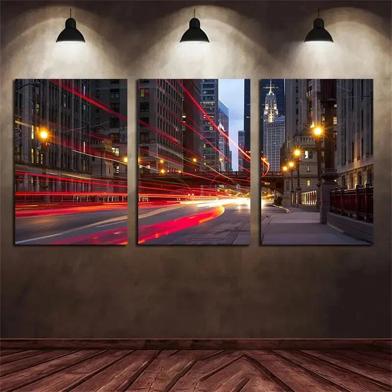3pcs Street Light Trail Long Traffic Light Pathway Metal Print Ready to Hang Art