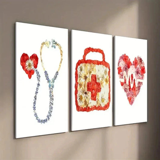 3pcs Floral Stethoscope & Heartbeat Design Wall Art Set Canvas Framed 40x60cm - High Quality Print 100% Australian Made Wall Canvas Ready to Hang