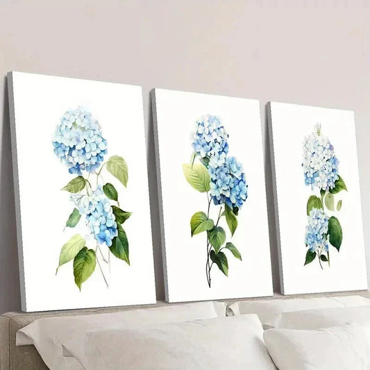 3pcs Blue Hydrangea with Green Leaves Wall Art Set Canvas Framed 40x60cm - High Quality Print 100% Australian Made Wall Canvas Ready to Hang