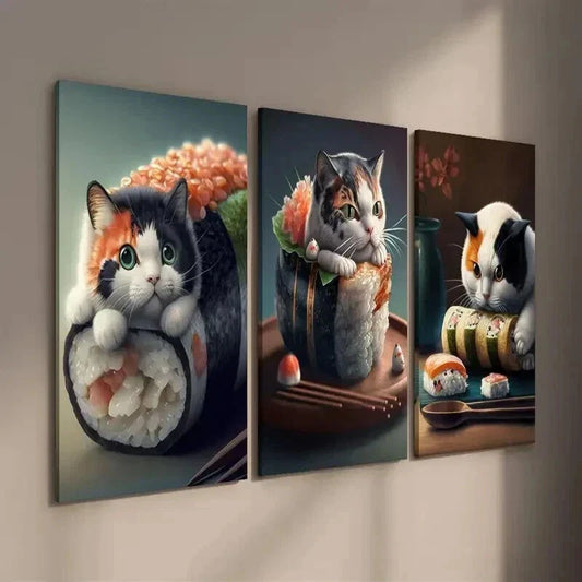 3pcs Whiskered Feline & Sushi Designs Wall Art Set Canvas Framed 40x60cm - High Quality Print 100% Australian Made Wall Canvas Ready to Hang
