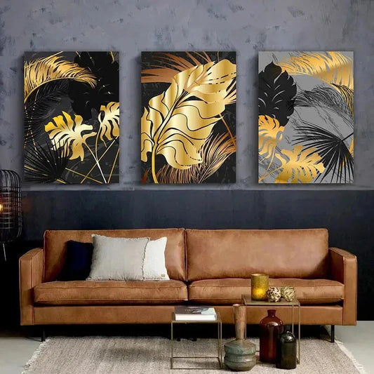 3pcs Golden Leaf Plants Black Metal Print Ready to Hang Art