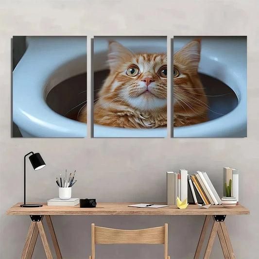 3pcs Animal Orange Cute Cat Big Eyes Metal Print Ready to Hang Art