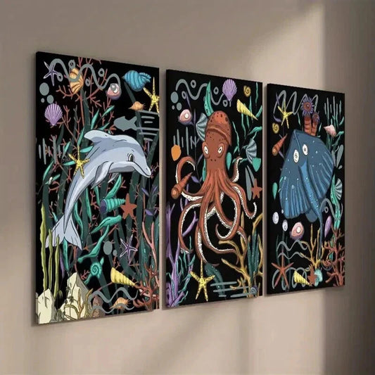 3pcs Dolphin Octopus Stingray Underwater Wall Art Set Canvas Framed 40x60cm - High Quality Print 100% Australian Made Wall Canvas Ready to Hang