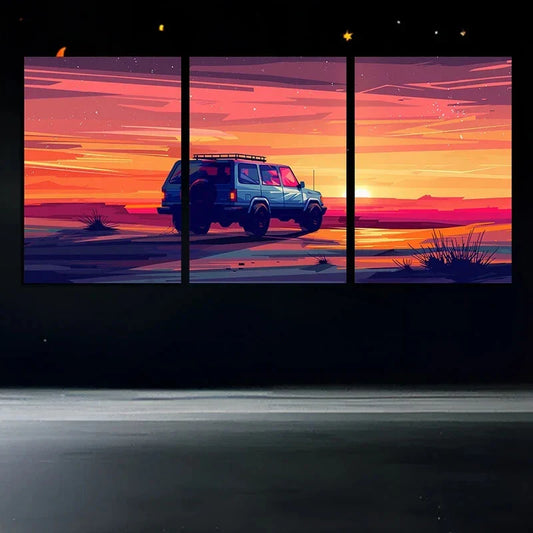 3pcs Desert Car Sunset Brown Purple Metal Print Ready to Hang Art