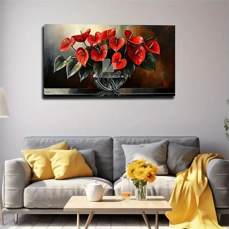 Vase Of Red Flowers In Vase Wall Art Canvas Office Home Room Framed 120x60cm