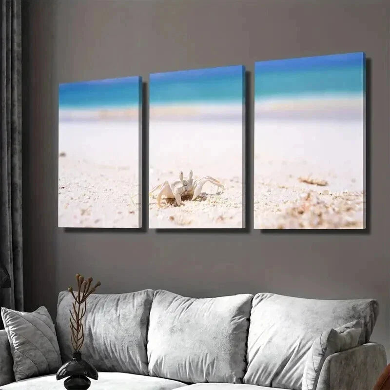 3pcs Beach Scene Ocean Crab & Seashells Wall Art Set Canvas Framed 40x60cm - High Quality Print 100% Australian Made Wall Canvas Ready to Hang