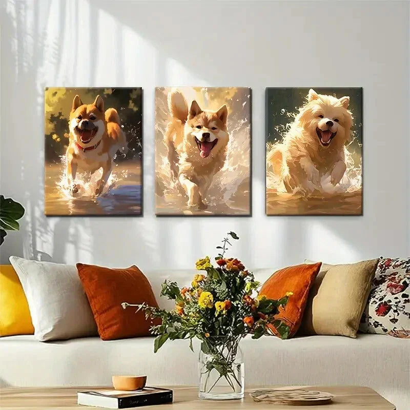 3pcs Playful Dogs Splashing in Water Perfect Wall Art Set Canvas Framed 40x60cm - High Quality Print 100% Australian Made Wall Canvas Ready to Hang