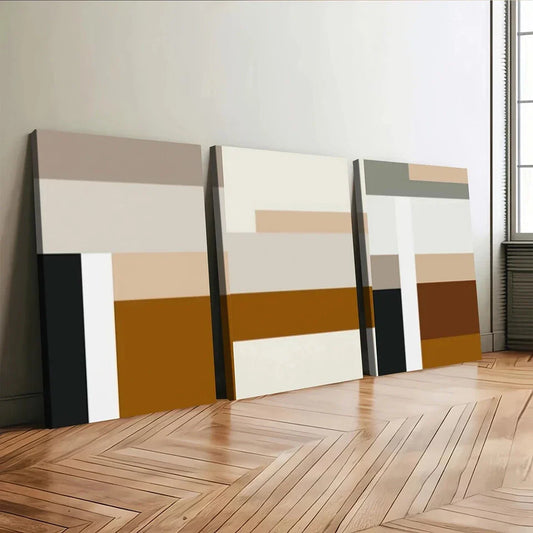 3pcs Modern Geometric Abstract Art Beige Gold Wall Art Set Canvas Framed 40x60cm - High Quality Print 100% Australian Made Wall Canvas Ready to Hang