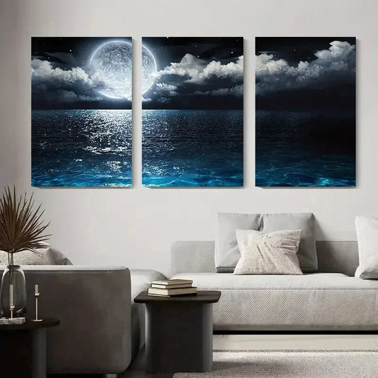 3pcs Serene Night Sky & Cloud Reflections Metal Print Ready to Hang Art