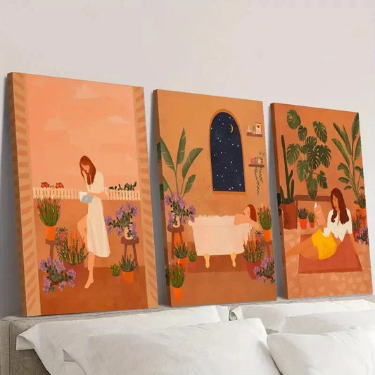 3pcs Serene Plant & Girl Illustrations Wall Art Set Canvas Framed 40x60cm - High Quality Print 100% Australian Made Wall Canvas Ready to Hang