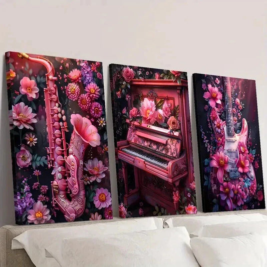 3pcs Pink Flowered Saxophone Guitar and Piano Wall Art Set Canvas Framed 40x60cm - High Quality Print 100% Australian Made Wall Canvas Ready to Hang