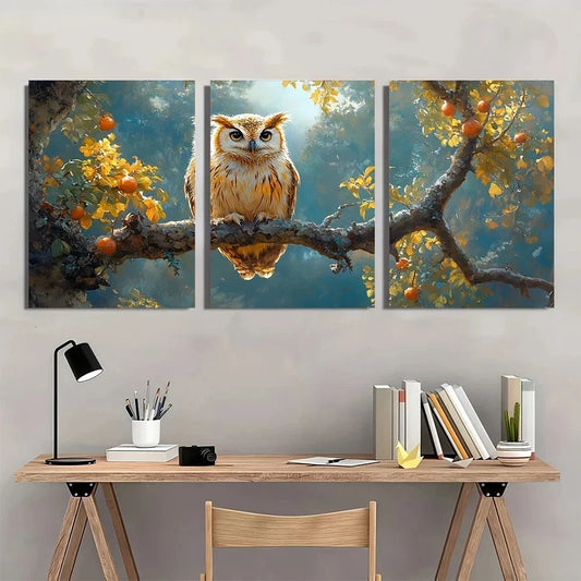 3pcs Owl Branch with Autumn Leaves & Fruits Nature Metal Print Ready to Hang Art