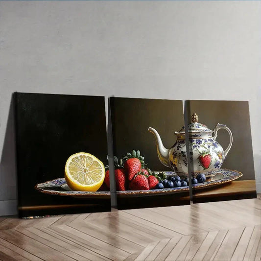 3pcs Afternoon Tea & Fruit Theme Dark Perfect Wall Art Set Canvas Framed 40x60cm - High Quality Print 100% Australian Made Wall Canvas Ready to Hang