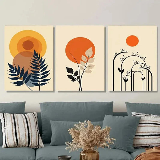 3pcs Modern Abstract Botanical Nature Yellow Metal Print Ready to Hang Art