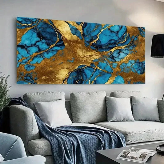 Golden Blue Marble Texture Wall Art Canvas Office Home Room Framed 120x60cm