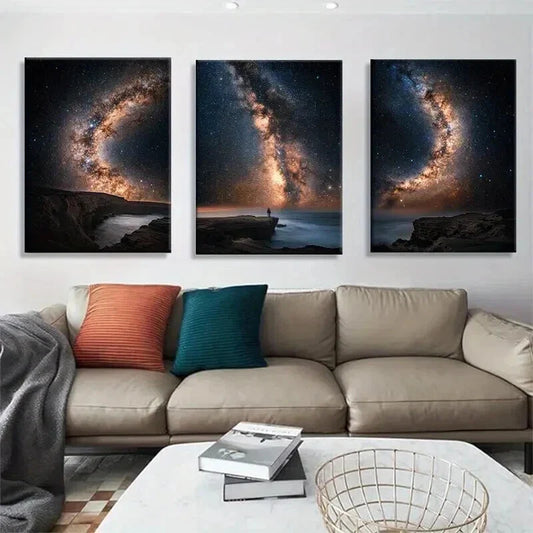 3pcs Milky Way Galaxy Over Ocean Cliff Wall Art Set Canvas Framed 40x60cm - High Quality Print 100% Australian Made Wall Canvas Ready to Hang
