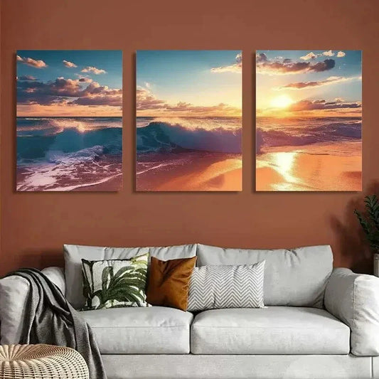 3pcs Panel Sunset Ocean Contemporary Metal Print Ready to Hang Art