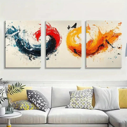 3pcs Abstract Swirl Bold Red Black Yellow Metal Print Ready to Hang Art