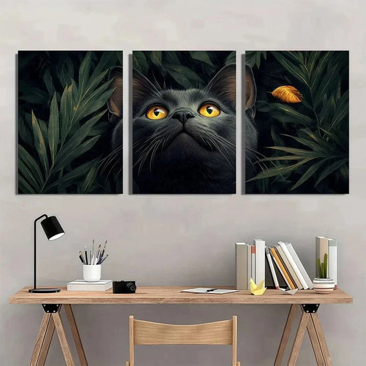 3pcs Black Cat Greenery with Yellow Eyes Metal Print Ready to Hang Art