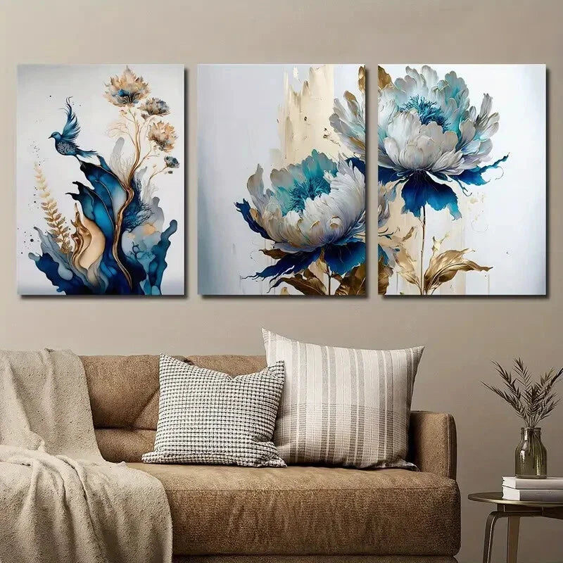 3pcs Blue and Golden Plant Flower Animal Bird Metal Print Ready to Hang Art