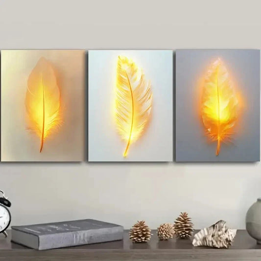 3pcs Feathers Glowing Golden Wings Metal Print Ready to Hang Art
