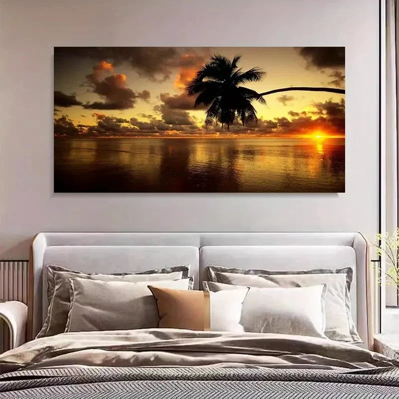 Beach View Sunset & Palm Wall Art Canvas Office Home Room Framed 120x60cm